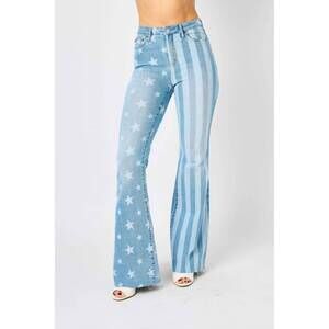 NEW JUDY BLUE high waist stars & stripes bleach discharge flare jeans in blue
